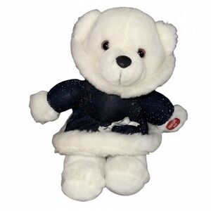 Vtg 1988 Chrisha Playful Plush White Teddy Bear NavyBlue Dress Stuffed AnimalToy